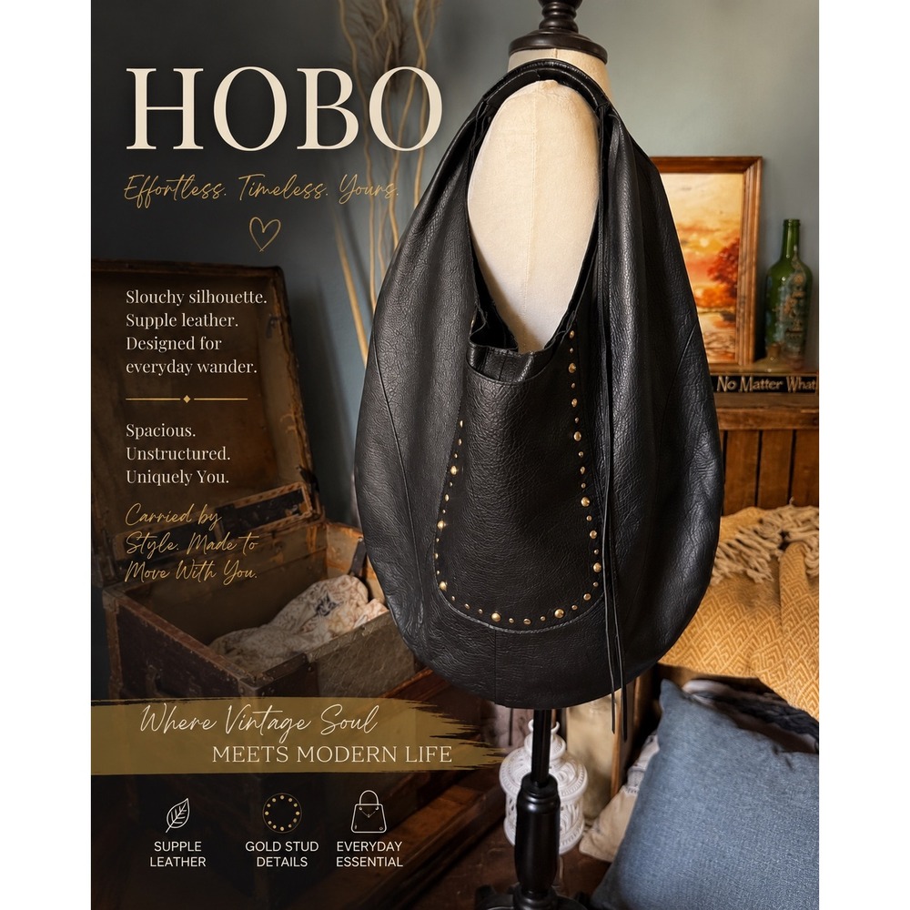 HOBO Vintage Chic Slouchy Soft Black Leather Gold Stud Fringe Shoulder Bag NWOT